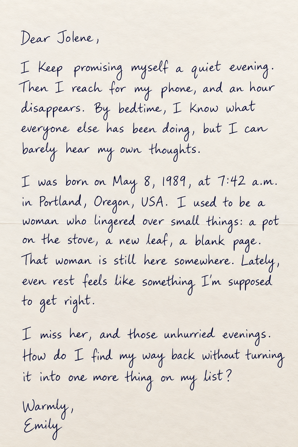 Fictional sample letter from Emily, handwritten in blue-black ink on cream paper