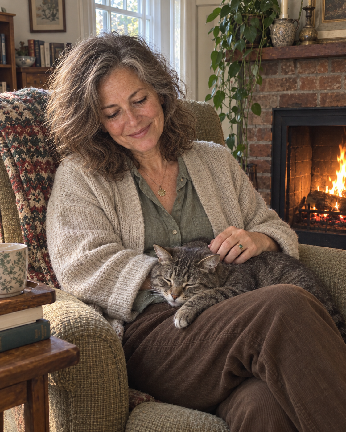 Imagined scene of Jolene resting beside a fireplace with a cat