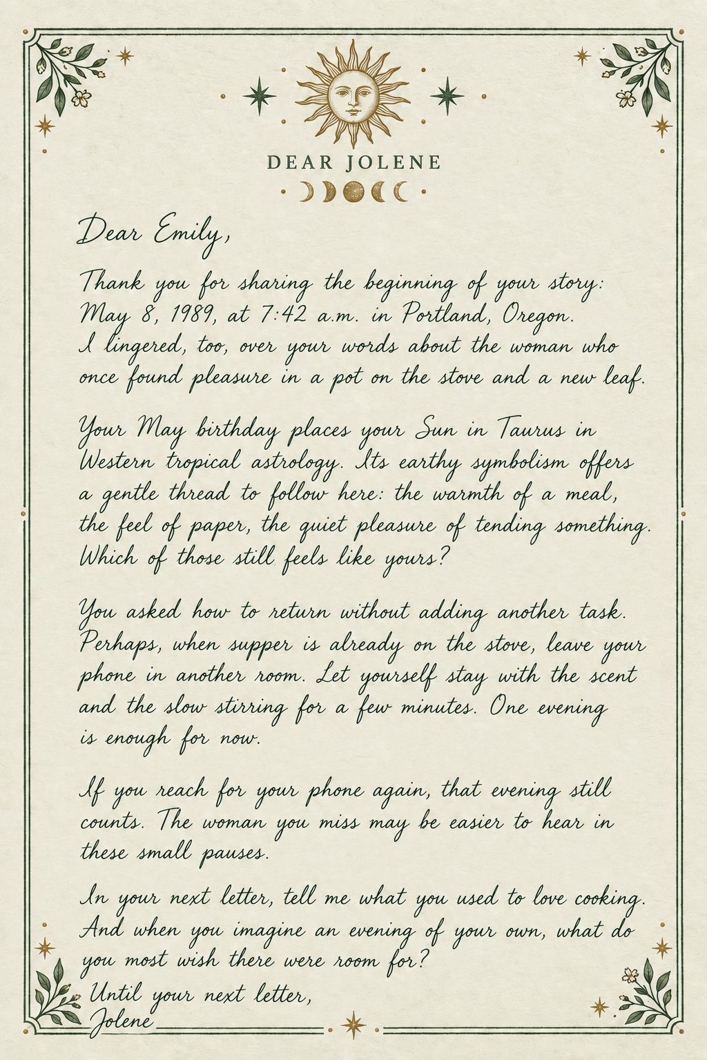 Fictional sample reply to Emily, handwritten on ivory Dear Jolene stationery with a printed sun, moon phases and botanical border